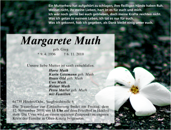 Traueranzeige von Margarete Muth von Odenwälder Echo