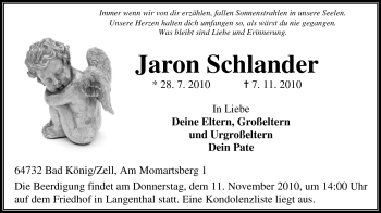 Traueranzeige von Jaron Schlander von Odenwälder Echo