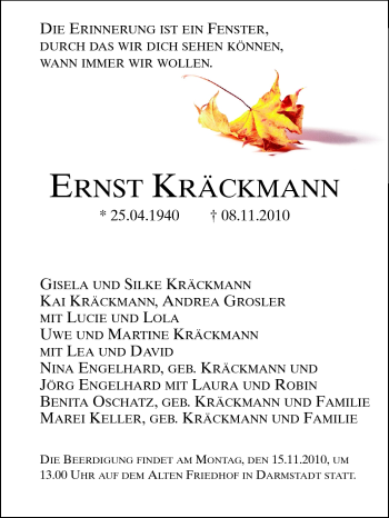 Traueranzeige von Ernst Kräckmann von Echo-Zeitungen (Gesamtausgabe)