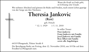 Traueranzeige von Theresia Jankovic von Echo-Zeitungen (Gesamtausgabe)