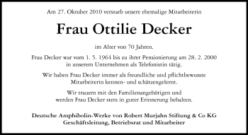 Traueranzeige von Ottilie Decker von Echo-Zeitungen (Gesamtausgabe)