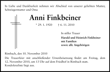 Traueranzeige von Anni Finkbeiner von Starkenburger Echo, Bergsträßer Anzeiger