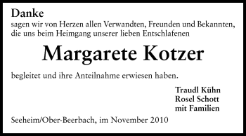 Traueranzeige von Margarete Kotzer von Echo-Zeitungen (Gesamtausgabe)