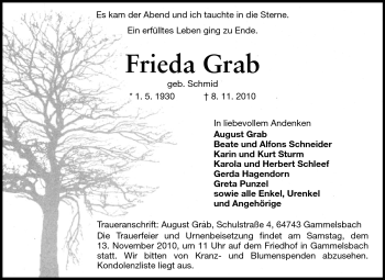 Traueranzeige von Frieda Grab von Odenwälder Echo