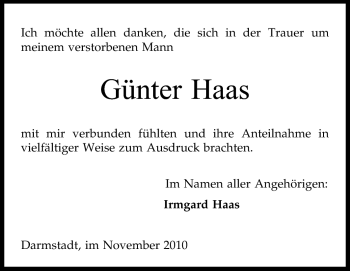 Traueranzeige von Günter Haas von Darmstädter Echo, Odenwälder Echo, Rüsselsheimer Echo, Groß-Gerauer-Echo, Ried Echo