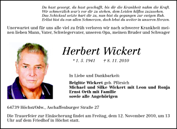 Traueranzeige von Herbert Wickert von Odenwälder Echo