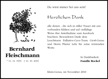 Traueranzeige von Bernhard Fleischmann von Rüsselsheimer Echo, Groß-Gerauer-Echo, Ried Echo