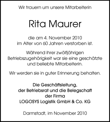 Traueranzeige von Rita Maurer von Echo-Zeitungen (Gesamtausgabe)