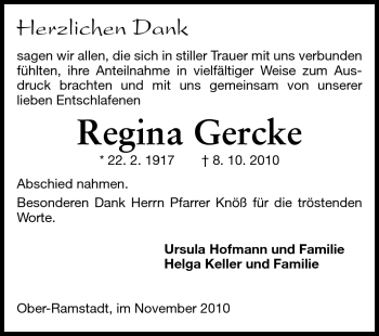 Traueranzeige von Regina Gercke von Darmstädter Echo, Odenwälder Echo, Rüsselsheimer Echo, Groß-Gerauer-Echo, Ried Echo