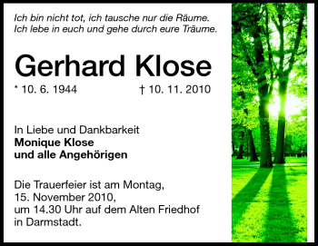 Traueranzeige von Gerhard Klose von Darmstädter Echo, Odenwälder Echo, Rüsselsheimer Echo, Groß-Gerauer-Echo, Ried Echo