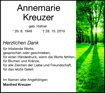 Traueranzeige von Annemarie Kreuzer von Darmstädter Echo, Odenwälder Echo, Rüsselsheimer Echo, Groß-Gerauer-Echo, Ried Echo