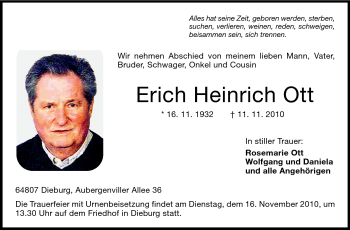 Traueranzeige von Erich Heinrich Ott von Darmstädter Echo, Odenwälder Echo, Rüsselsheimer Echo, Groß-Gerauer-Echo, Ried Echo