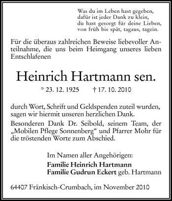 Traueranzeige von Heinrich Hartmann von Odenwälder Echo