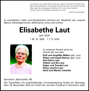 Traueranzeige von Elisabeth Laut von Rüsselsheimer Echo, Groß-Gerauer-Echo, Ried Echo