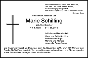 Traueranzeige von Marie Schilling von Echo-Zeitungen (Gesamtausgabe)