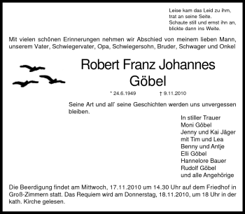 Traueranzeige von Robert Franz Johannes Göbel von Echo-Zeitungen (Gesamtausgabe)
