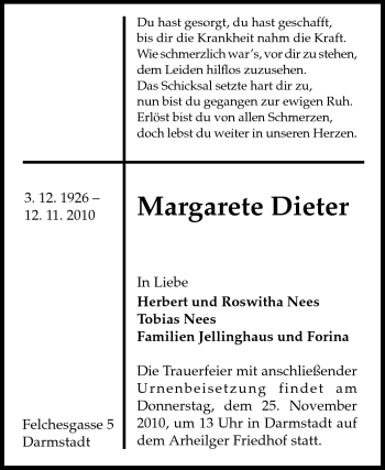 Traueranzeige von Margarete Dieter von Darmstädter Echo, Odenwälder Echo, Rüsselsheimer Echo, Groß-Gerauer-Echo, Ried Echo