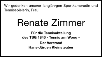 Traueranzeige von Renate Zimmer von Echo-Zeitungen (Gesamtausgabe)