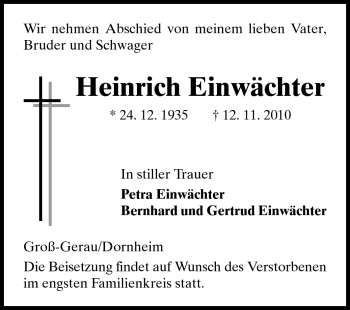Traueranzeige von Heinrich Einwächter von Rüsselsheimer Echo, Groß-Gerauer-Echo, Ried Echo