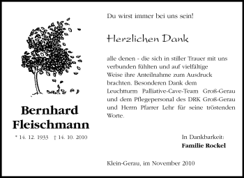 Traueranzeige von Bernhard Fleischmann von Rüsselsheimer Echo, Groß-Gerauer-Echo, Ried Echo
