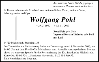 Traueranzeige von Wolfgang Pohl von Odenwälder Echo