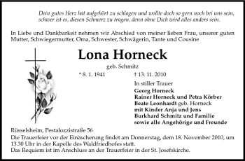 Traueranzeige von Lona Horneck von Rüsselsheimer Echo, Groß-Gerauer-Echo, Ried Echo