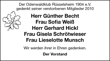 Traueranzeige von Becht, Weiß, Hickl Schrötwieser, Munsch von Rüsselsheimer Echo, Groß-Gerauer-Echo, Ried Echo