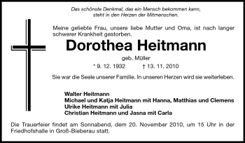 Traueranzeige von Dorothea Heitmann von Echo-Zeitungen (Gesamtausgabe)