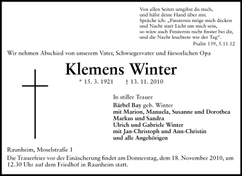Traueranzeige von Klemens Winter von Rüsselsheimer Echo, Groß-Gerauer-Echo, Ried Echo