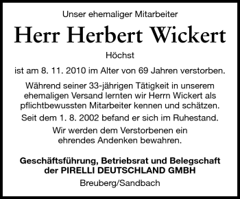 Traueranzeige von Herbert Wickert von Odenwälder Echo