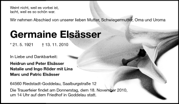 Traueranzeige von Germaine Elsässer von Rüsselsheimer Echo, Groß-Gerauer-Echo, Ried Echo