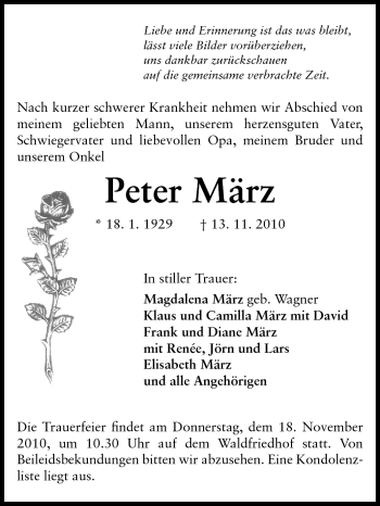 Traueranzeige von Peter März von Darmstädter Echo, Odenwälder Echo, Rüsselsheimer Echo, Groß-Gerauer-Echo, Ried Echo
