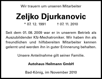 Traueranzeige von Zeljko Djurkanovic von Echo-Zeitungen (Gesamtausgabe)