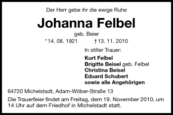 Traueranzeige von Johanna Felbel von Echo-Zeitungen (Gesamtausgabe)