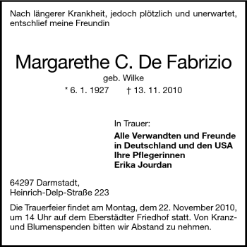 Traueranzeige von Margarete C. de Fabrizio von Echo-Zeitungen (Gesamtausgabe)