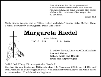Traueranzeige von Margareta Riedel von Odenwälder Echo