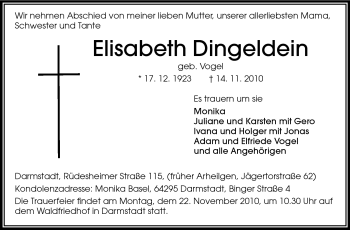 Traueranzeige von Elisabeth Dingeldein von Darmstädter Echo, Odenwälder Echo, Rüsselsheimer Echo, Groß-Gerauer-Echo, Ried Echo