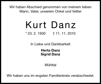 Traueranzeige von Kurt Danz von Echo-Zeitungen (Gesamtausgabe)
