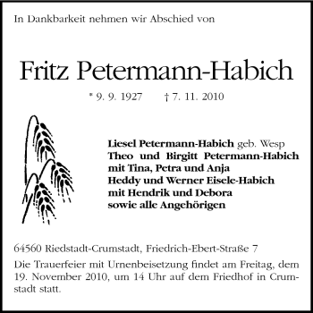Traueranzeige von Fritz Petermann-Habich von Echo-Zeitungen (Gesamtausgabe)