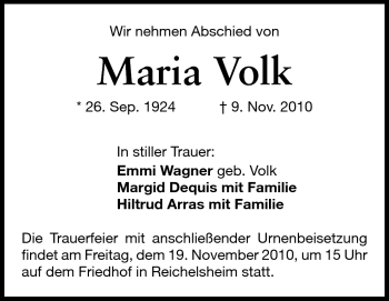 Traueranzeige von Maria Volk von Odenwälder Echo