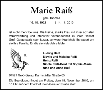 Traueranzeige von Marie Raiß von Darmstädter Echo, Odenwälder Echo, Rüsselsheimer Echo, Groß-Gerauer-Echo, Ried Echo