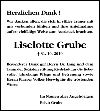 Traueranzeige von Liselotte Grube von Rüsselsheimer Echo, Groß-Gerauer-Echo, Ried Echo