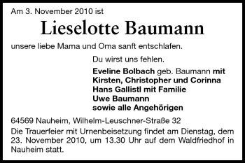 Traueranzeige von Lieselotte Baumann von Rüsselsheimer Echo, Groß-Gerauer-Echo, Ried Echo