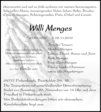 Traueranzeige von Willi Menges von Odenwälder Echo