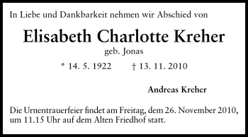 Traueranzeige von Elisabeth Charlotte Kreher von Darmstädter Echo, Odenwälder Echo, Rüsselsheimer Echo, Groß-Gerauer-Echo, Ried Echo