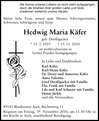 Traueranzeige von Hedwig Maria Käfer von Starkenburger Echo