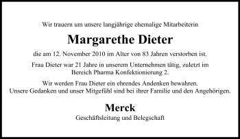 Traueranzeige von Margarethe Dieter von Echo-Zeitungen (Gesamtausgabe)