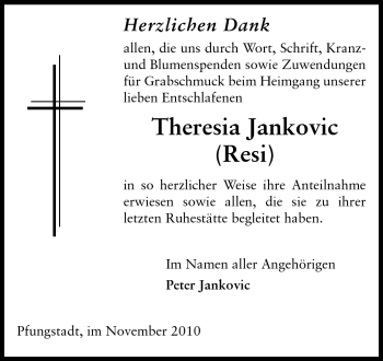 Traueranzeige von Theresia Jankovic von Echo-Zeitungen (Gesamtausgabe)