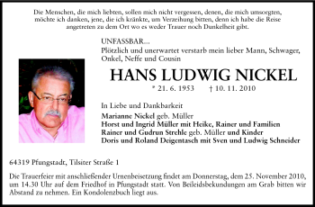 Traueranzeige von Hans Ludwig Nickel von Echo-Zeitungen (Gesamtausgabe)