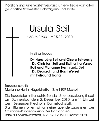 Traueranzeige von Ursula Seil von Echo-Zeitungen (Gesamtausgabe)